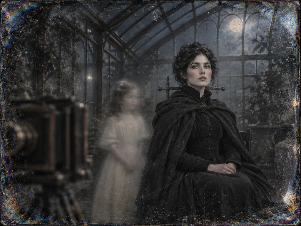 Odile sits upright in a moonlit glasshouse with a brace behind her neck. A blurred girl in white stands beside her, and a camera on a tripod faces them.