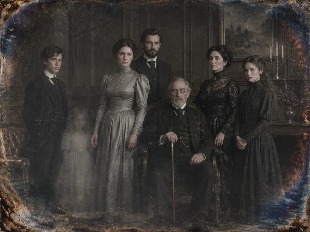 The Sable family on a silver plate in a panelled parlour: an old lord with a cane at the centre, relatives around him, and a faint, blurred small girl in white at the left.