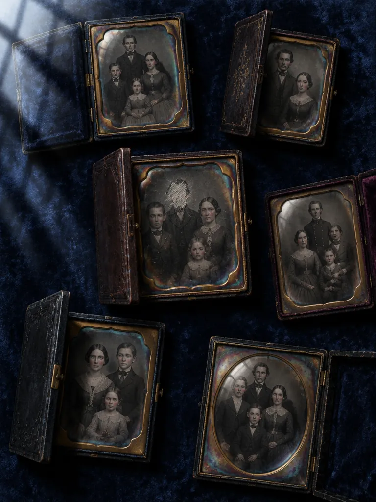 Small cased family portraits pinned to a board of dark blue velvet in moonlight. On one plate the faces have been rubbed to a blur.