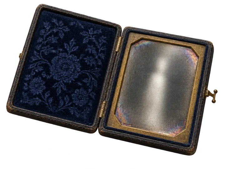 An open leather case: blue pressed velvet on the left, a silver plate on the right showing only a soft column of haze.