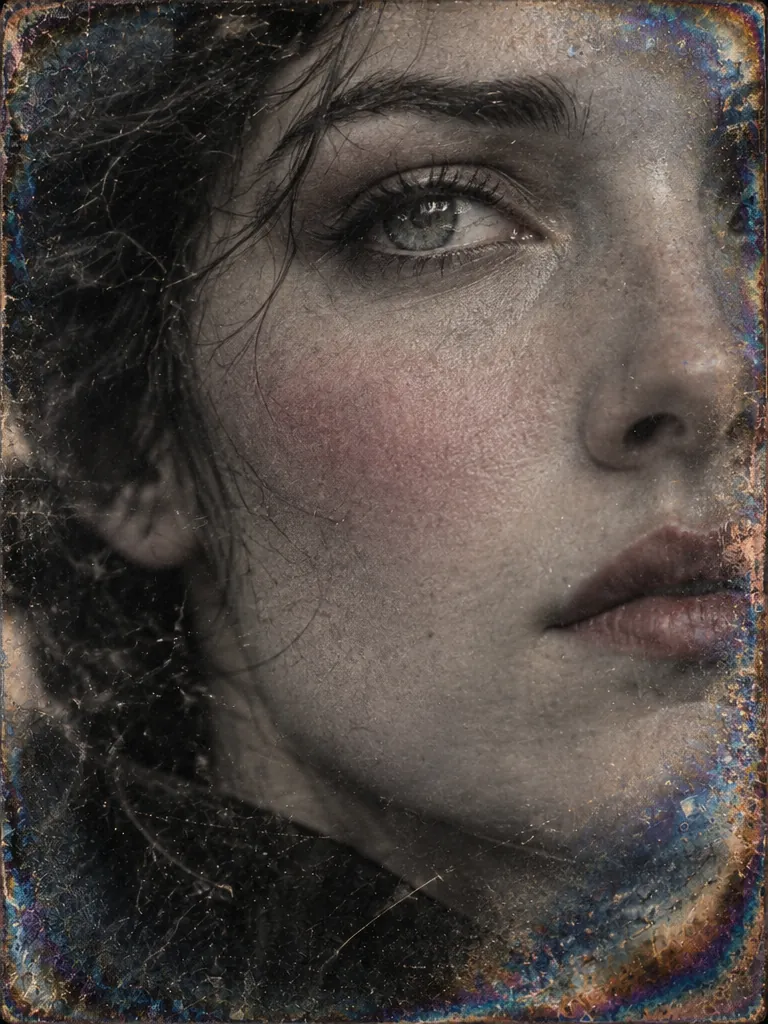 Close view of a portrait plate: one grey eye and a rose-tinted cheek, with rainbow tarnish creeping in from the edge.