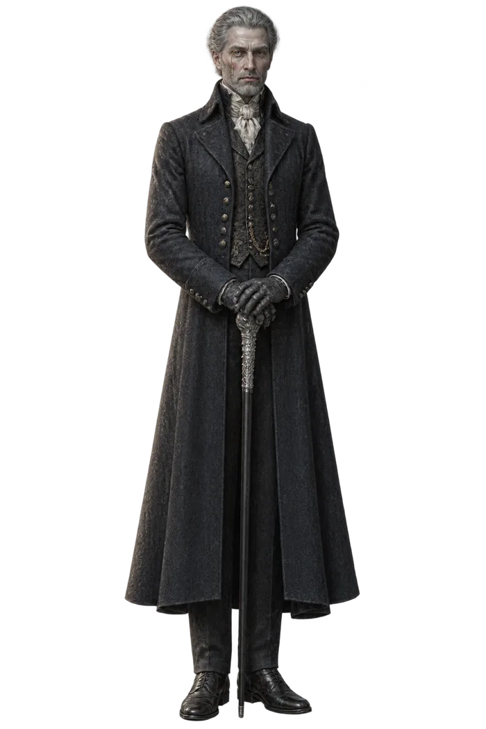 Lord Evander Sable, silver-haired and bearded, in a long dark frock coat, both hands on a silver-handled cane.