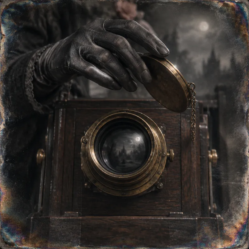 A gloved hand lifts the brass cap off the lens of a walnut plate camera.