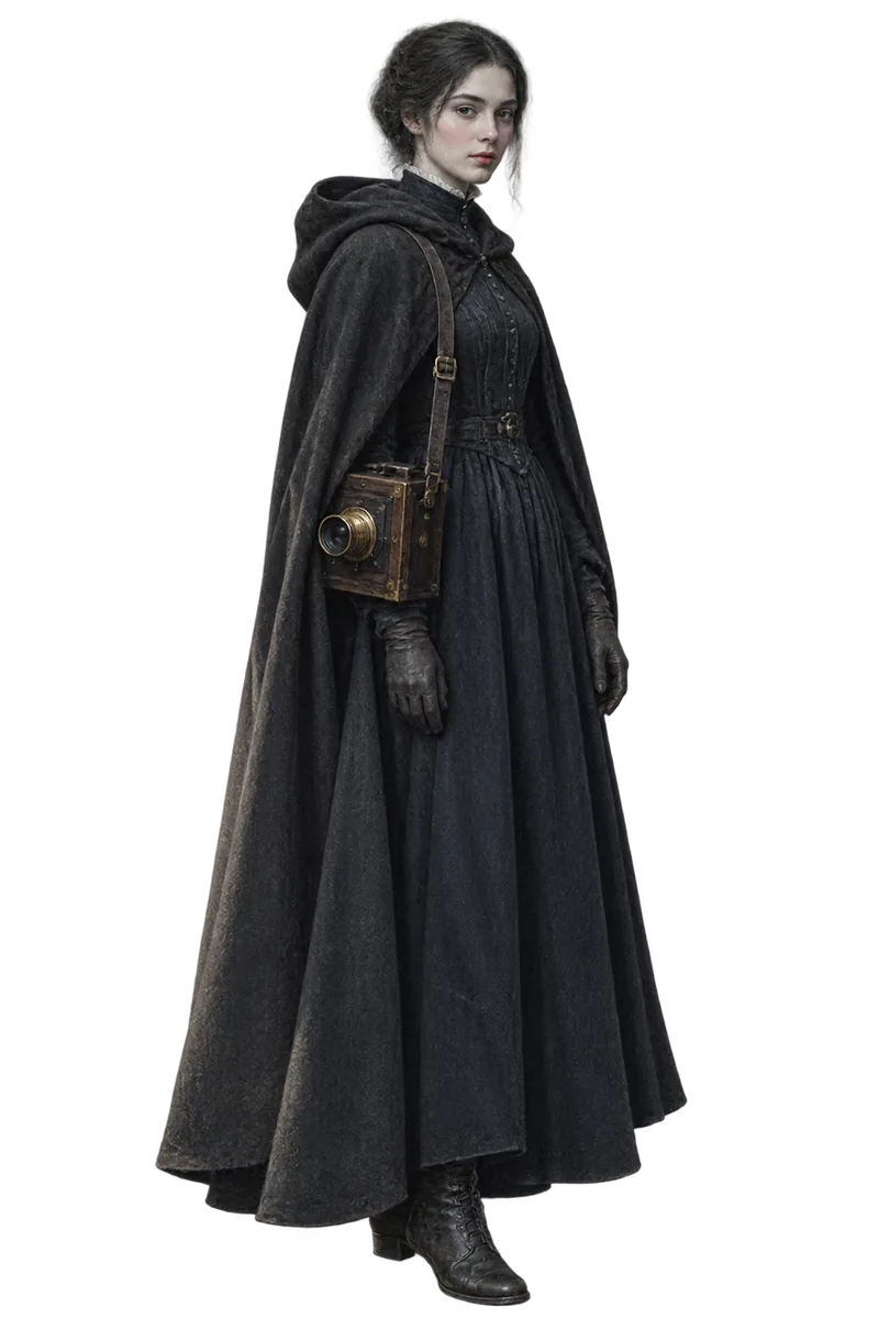 Odile Marrow standing in a long black hooded cloak, her wooden camera on a strap at her side.