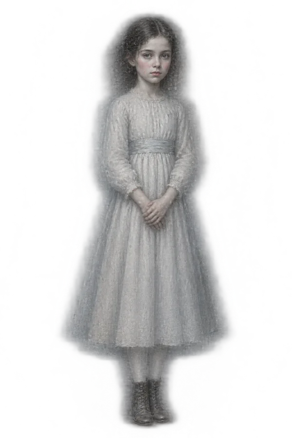 Pia Sable, a small girl in a white dress, her outline soft and doubled as if she moved during the exposure.