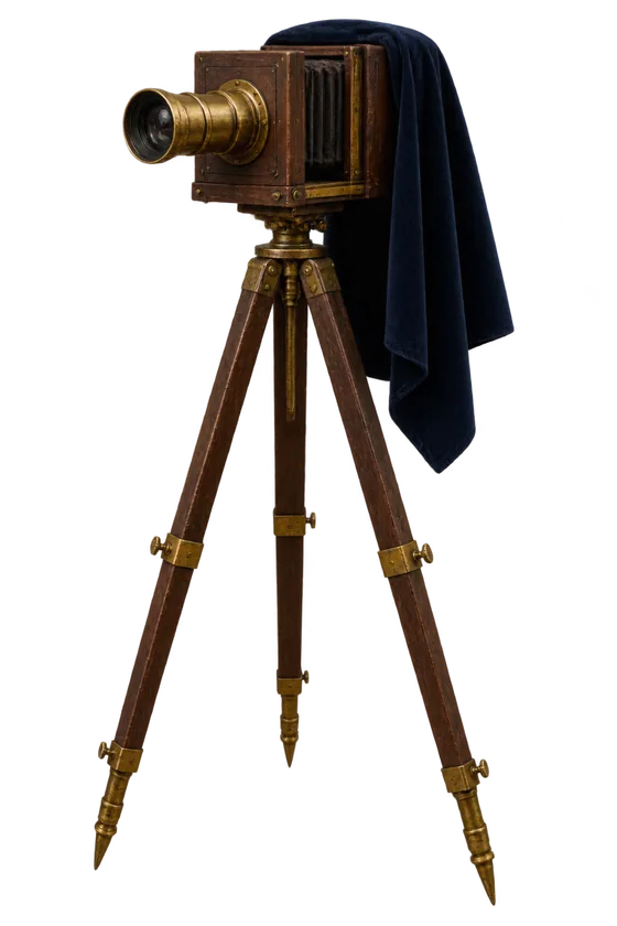 Odile's walnut camera on a tall wooden tripod, a blue velvet cloth over its back.